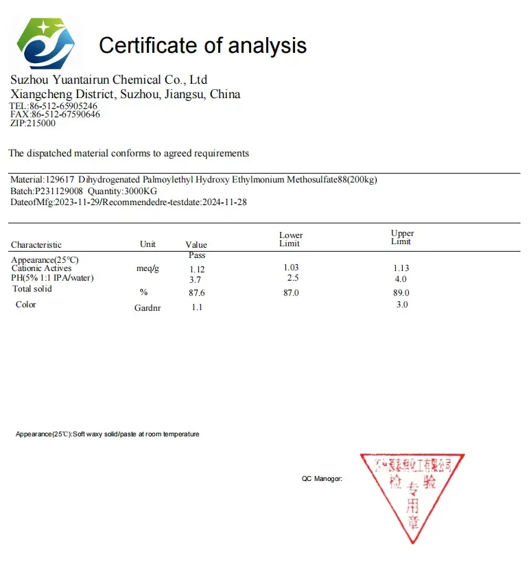 Surfactant Daily Chemical Textile Softeners Ester Base Quaternary Ammonium Salt Cas 91995-81-2 Fabric Softener