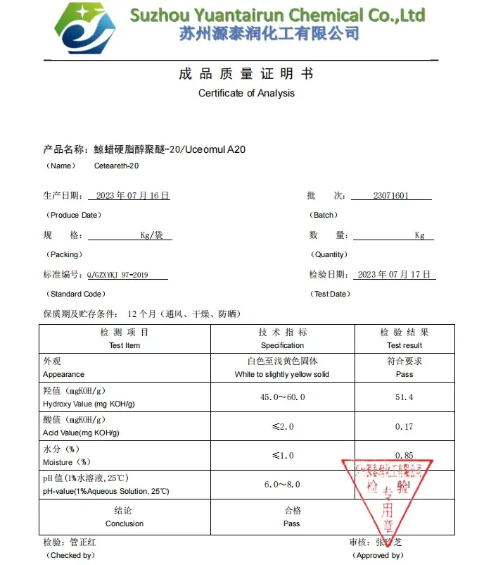 Cosmetic Grade Cetyl Stearyl Alcohol Ceteareth-20 Oil-in-water Emulsifier A20 CAS 68439-49-6/8005-44-5