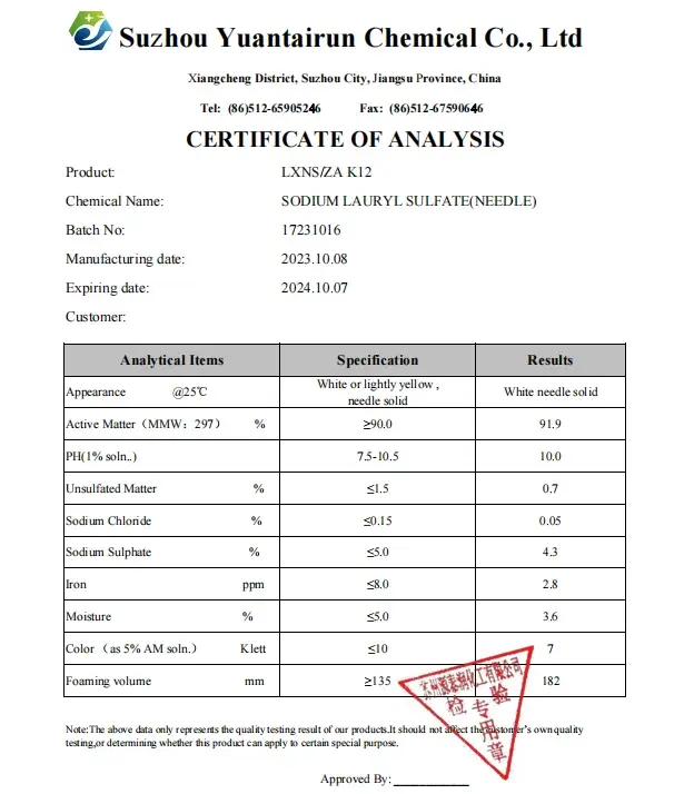 Cosmetic Raw Materials Sodium Lauryl Sulfate SLS Needle K12 for Shampoo Detergent CAS 151-21-3/68585-47-7